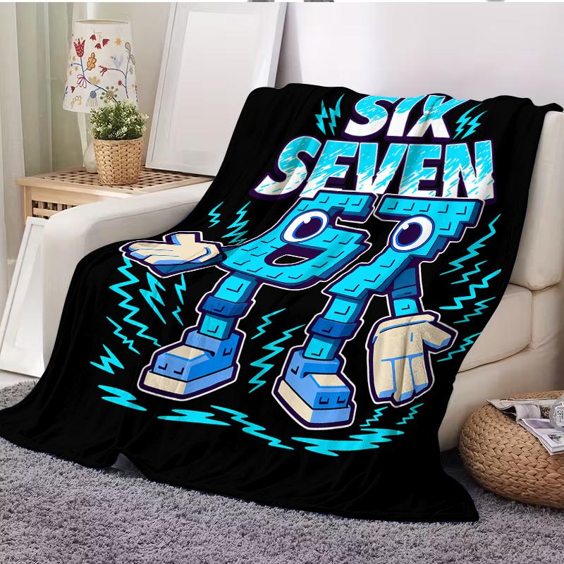 Blue-Black Color Block "67" Number Robot Lightning Flannel Blanket A warm nap blanket Lightweight Warm Ideal for Sofa Bed Travel Camping Living Room Multiple  Perfect Gift for Family and Friends