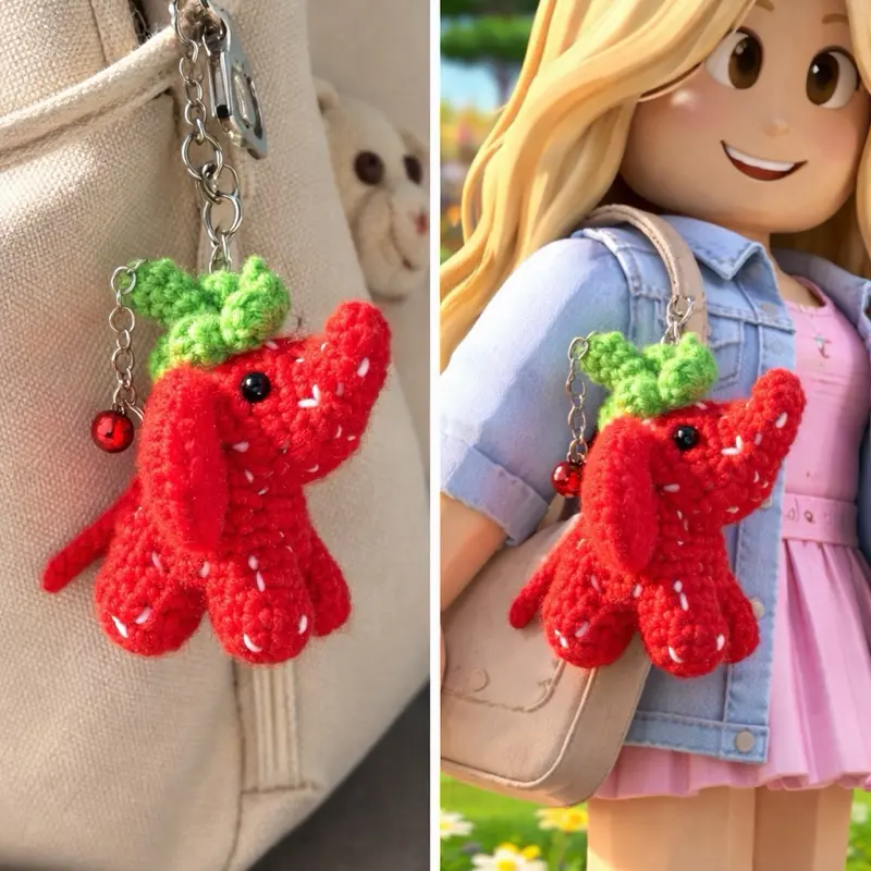 Little Strawberry Elephant Keychain - Adorable Crochet Charm for Handbags and Accessories