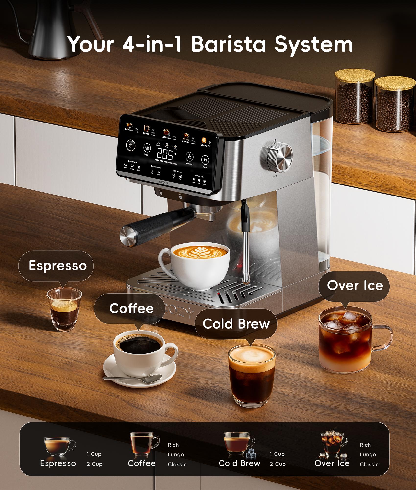 ecozy 4-in-1 Espresso Machine, Drip Coffee, Cold Brew and Over lce Machine with Touch Screen, Milk Frother Steam Wand, Stainless Steel, Coffee Maker for Cappuccinos, Lattes, Americanos ecozy 4-in-1 Espresso Machine, Drip Coffee, Cold Brew and Over lce Machine with Touch Screen, Milk Frother Steam Wand, Stainless Steel, Coffee Maker for Cappuccinos, Lattes, Americanos