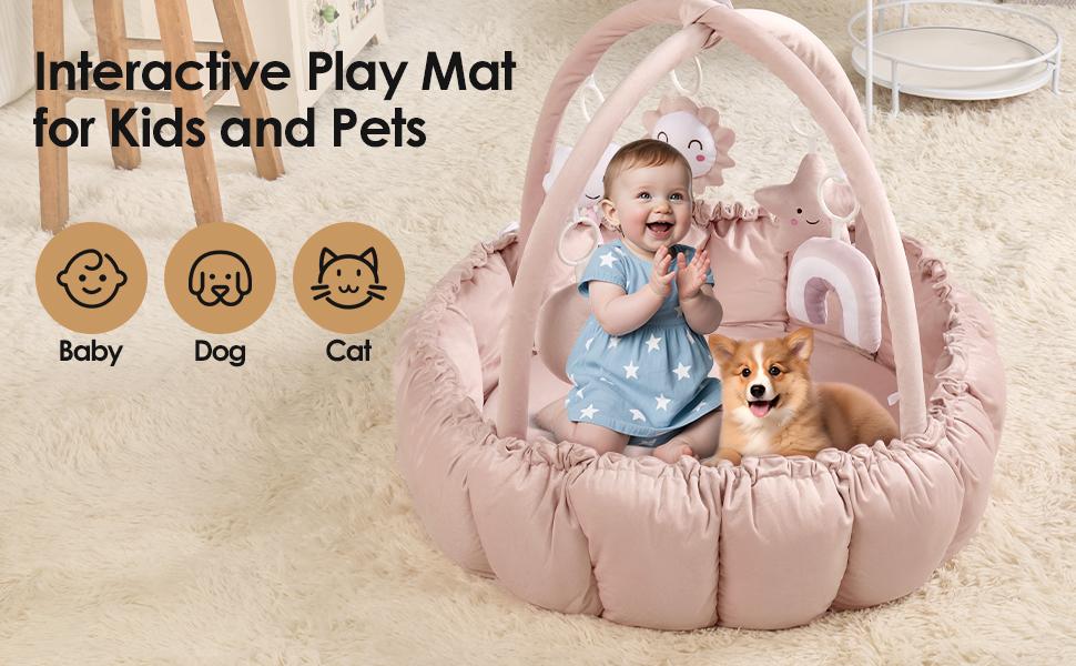 5-in-1 Convertible Baby Gym Play Mat with Hanging Toys, Soft Padded Baby Lounger & Ball Pit, Plush Tummy Time Mat for Newborns to Toddlers, Machine Washable, Gray/pink