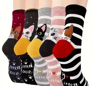Kitten Crew Socks Soft Cute Cat Socks for Everyday Wear Cozy Animal Paw Design 5-Pair Set for Fall Winter Comfort