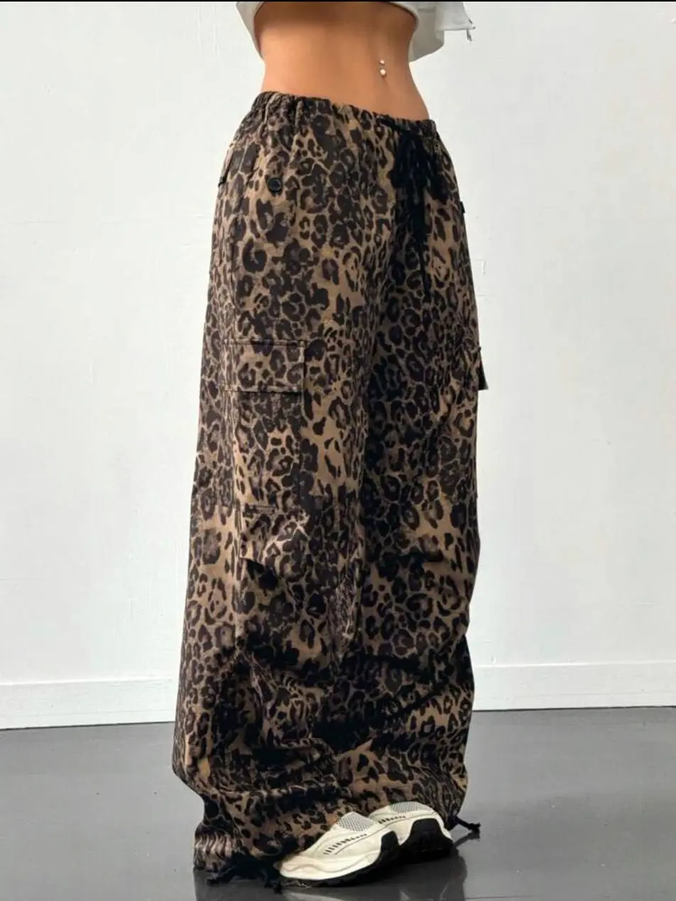 Women's Leopard Print Drawstring Waist Parachute Cargo Pants