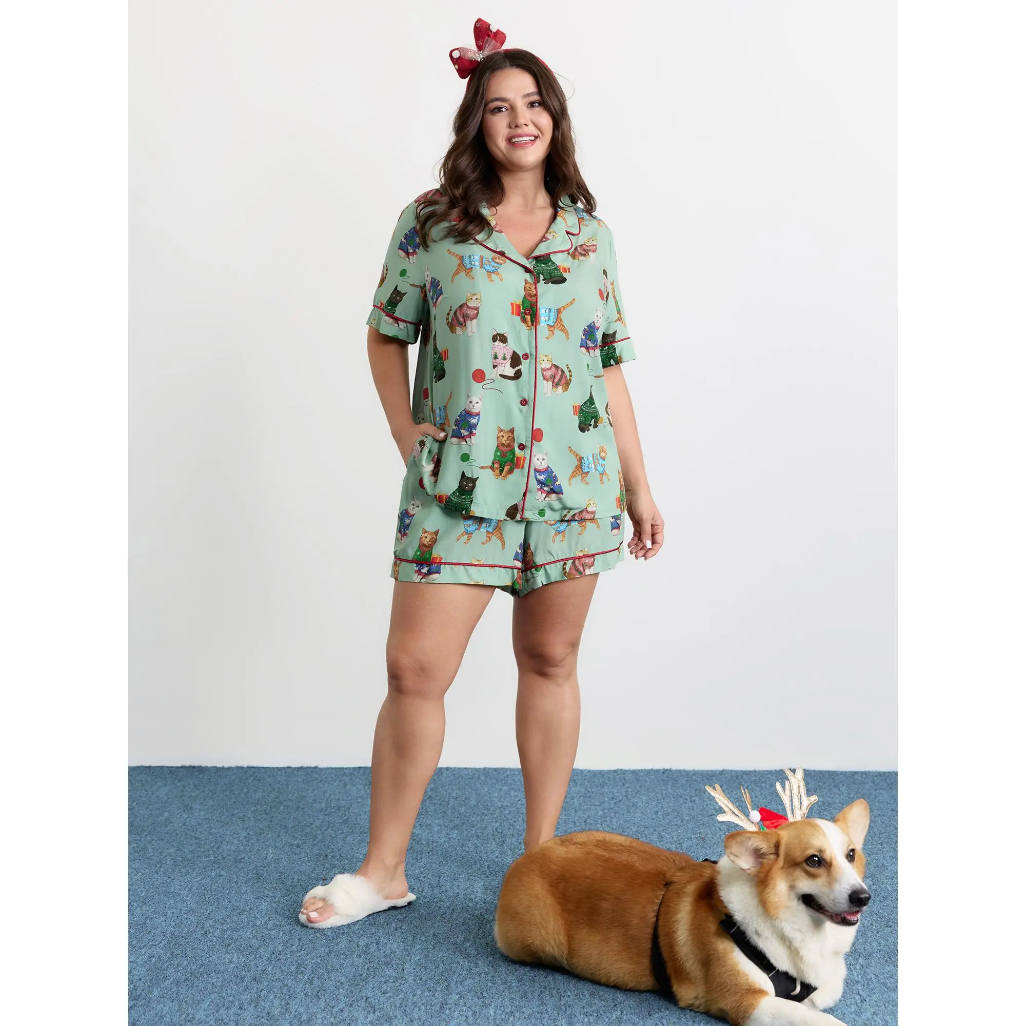 Women's Christmas Cat Print Pajama Set | Playful Rayon 2-Piece Clothes with Color Contrast Top and Fitted Bottoms, Nightwear, Garment, Animal Print, Low Iron, Graphic, Ready To Wear, Loungewear Sets, Playful Wear, Shortsleeve, Multicolor, Cute Loungewear