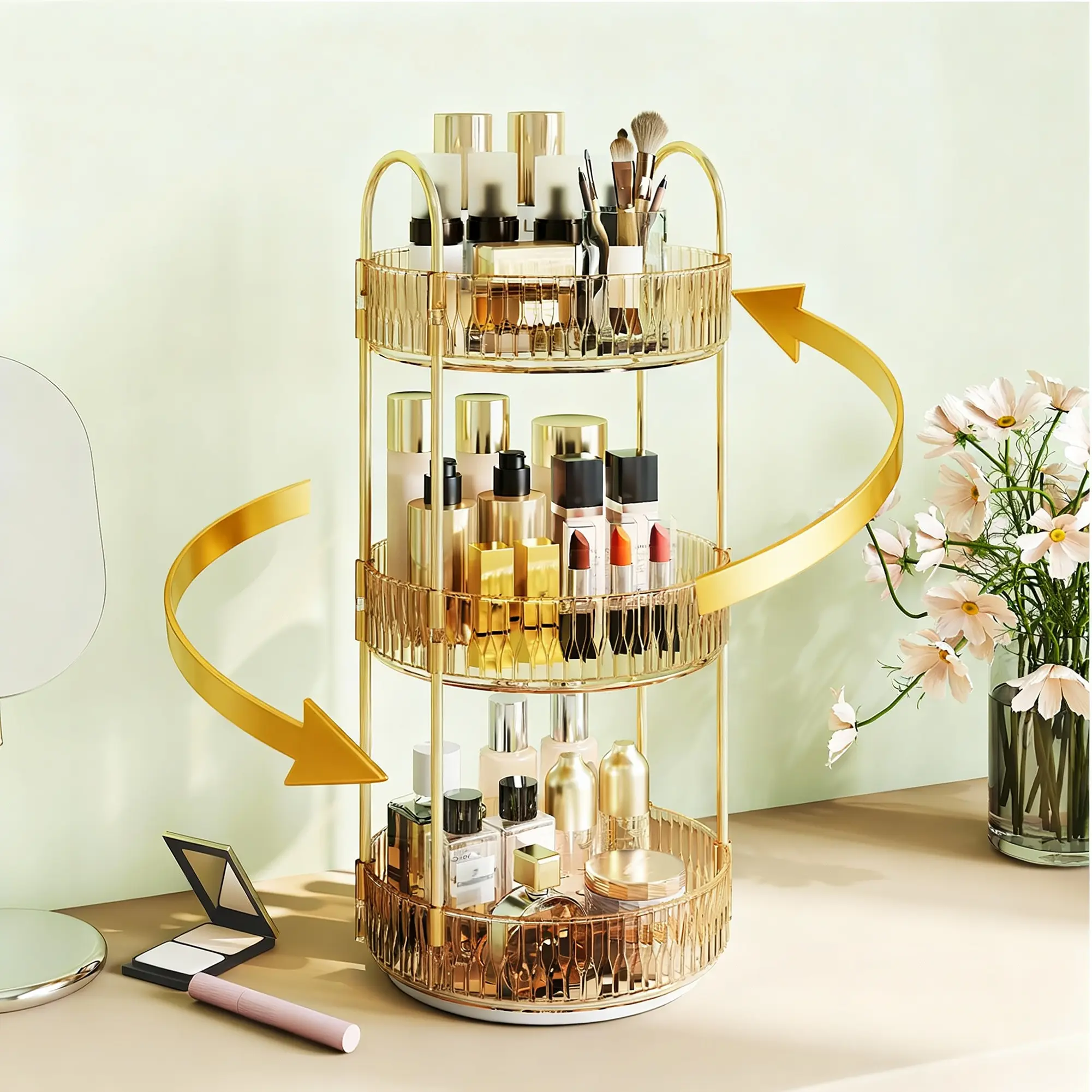 2-3 Tier 360° Smooth Rotating Acrylic Makeup Organizer - Large Capacity, Dustproof Stackable Storage Box for Makeup Organization, Modern Cosmetic Organisers, Perfume, Skincare, Lipstick - Vanity Essential for Girls