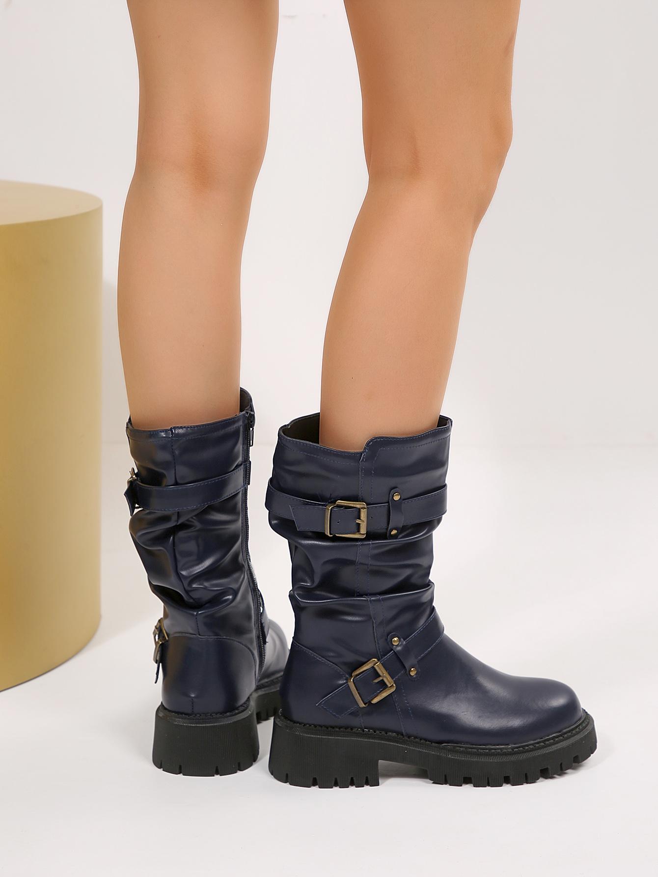 Women's Double Buckle Ruched Ankle Boots, Stylish Y2K Moto Winter Shoe, Womensfashion PU Leather Boots for Women, Low Heel Walking Footwear, Perfect Valentine's Day Gift