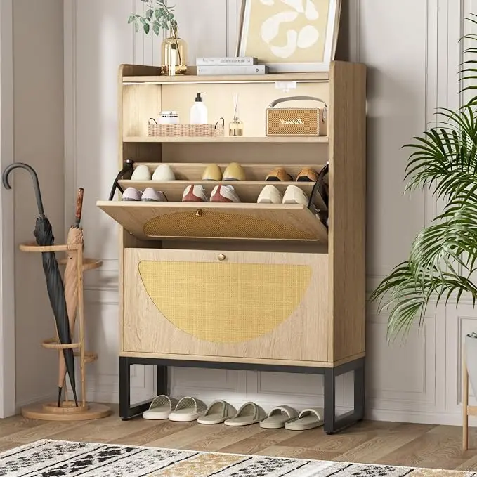 [tiktokshopbacktoschool] Vabches Shoe Storage Cabinet, Rattan Shoe Cabinet with 2 Flip Drawers & Sensor Light for Entryway, Narrow Free Standing Shoe Racks for Entryway, Hallway