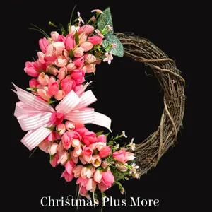 Pink Tulip Wreath 22 Inch Spring Front Door Wreath, Farmhouse Spring Decor with Lush Greenery, Spring Door Decoration
