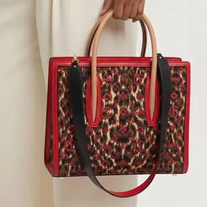 Pre-owned christian louboutin Leather Tote Bags Paloma Medium Tote in an embroidered jacquard leopard print. Fashionable Patterned Bag Geometric Pattern Tote