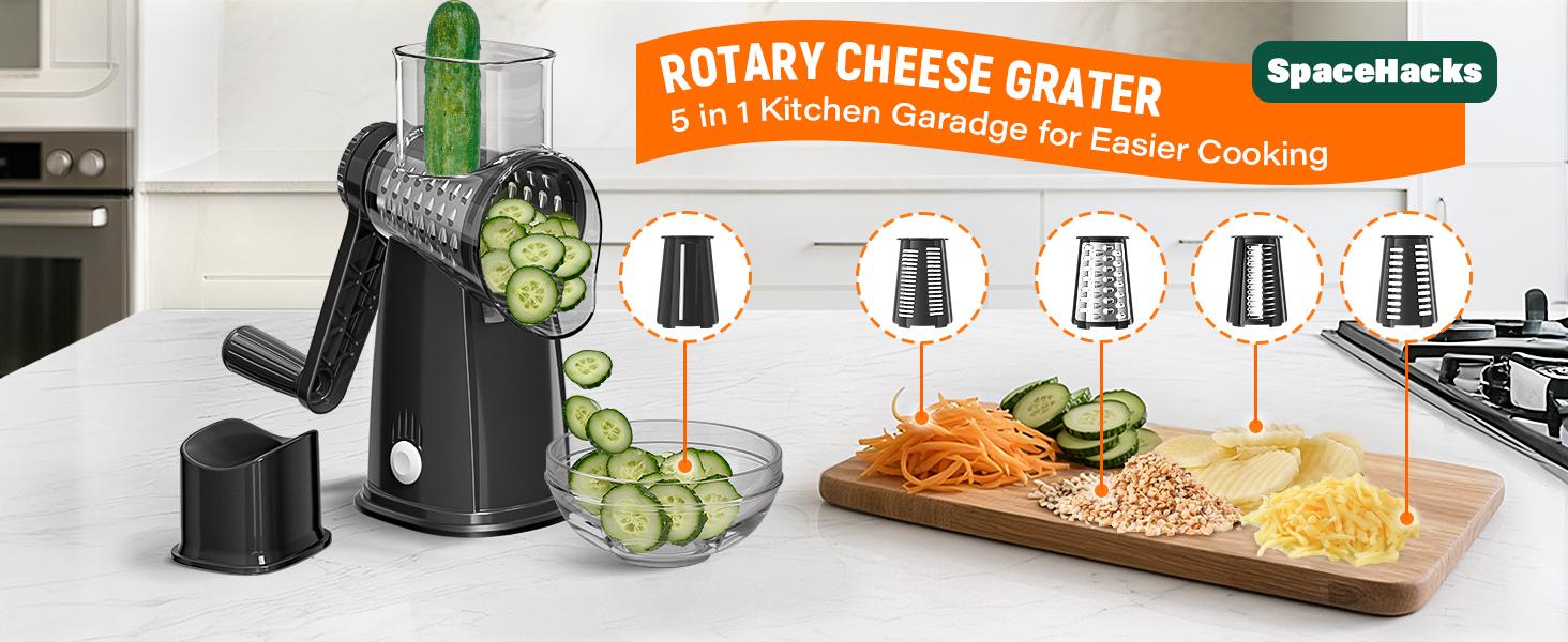 Rotary Cheese Grater with Handle, 5 Well-Designed Blades, Strong Suction Cup Base, Kitchen Utensils Vegetable Slicer Dicer Fruit Vegetable Slicer Gadgets Kitchen