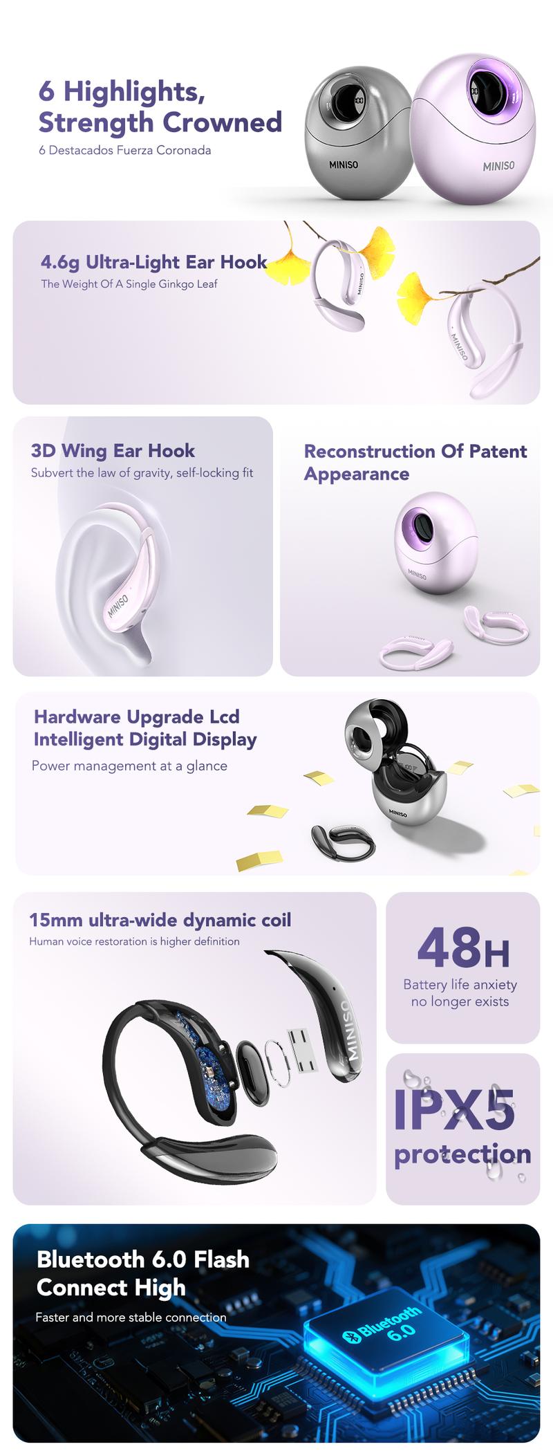 MINISO MS209 Wireless Bluetooth Earbuds, Bluetooth 6.0, OWS Earphones , Sports Headphones, Built-in Microphone, Compatible with Android/IOS