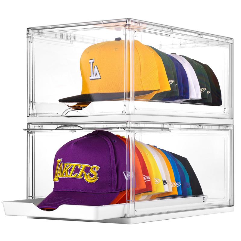 Vtopmart Hat Organizer for Baseball Caps,clothing with Clear Holder Box, Large Cap Storage with Sliding Tray, Stackable Rack Display Case & Magnetic Door