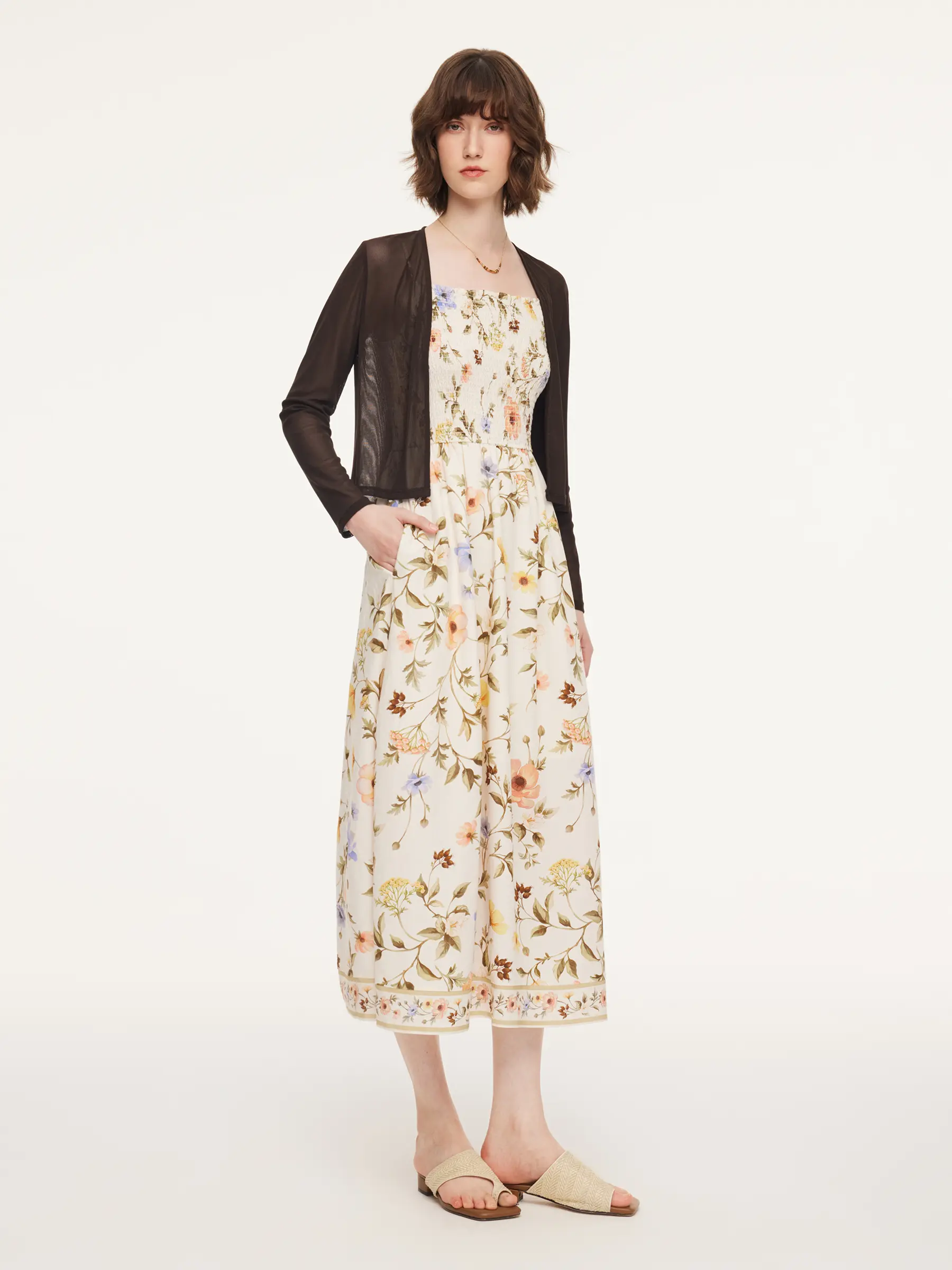 GOELIA Tencel Blend Cardigan And Floral Print Strap Dress Two-Piece Set for Ladies