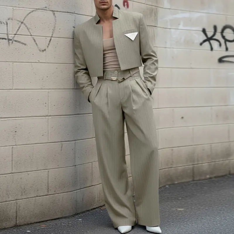 INCERUN Menswear Basic 2-Piece Polyester-Spandex Blazer Set, Men's Stand Collar Long Sleeve Striped Short Coat & Pants for Party, Business Commuting