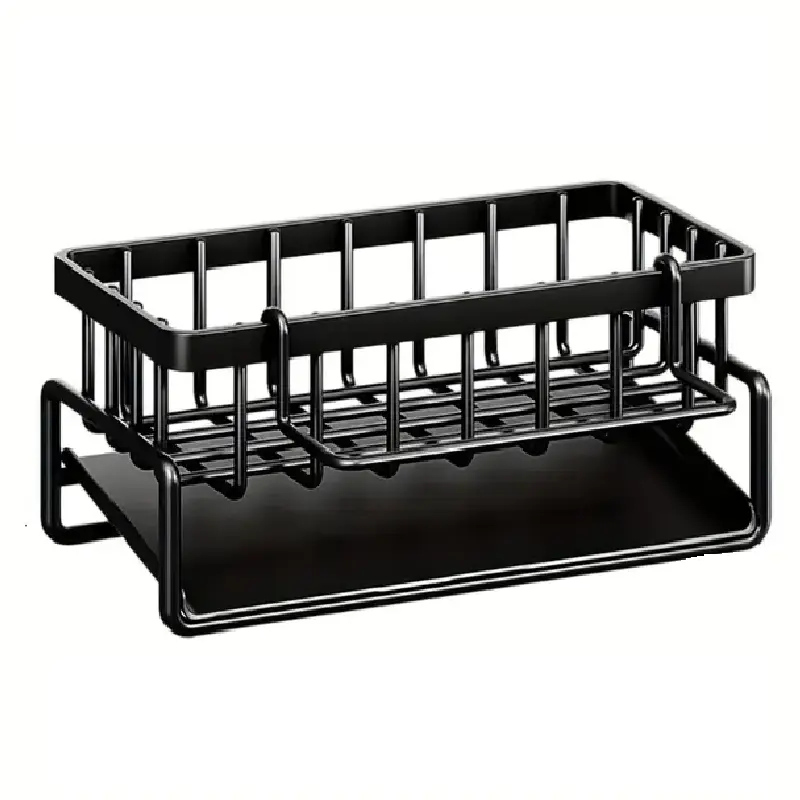 Black Metal & Plastic Kitchen Sink Organizer Tray, Optional With Dual Side Storage Cups, Drainage Sink Caddy for Countertop