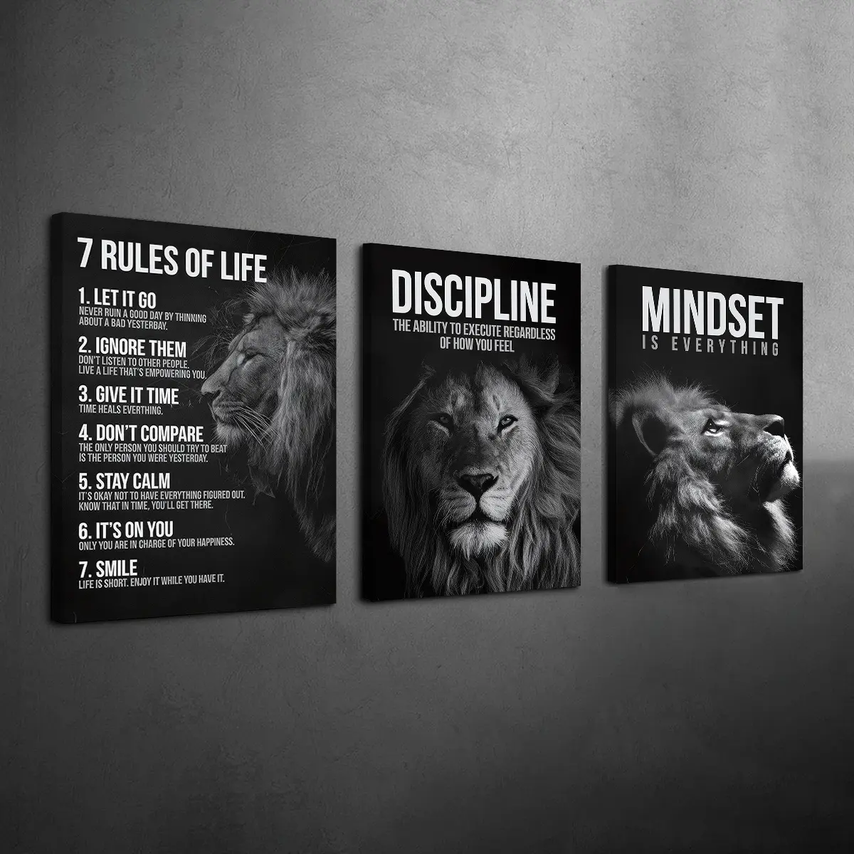 3 Count Wood Framed Canvas Modern Inspirational Lion Wall Art, 7 Rules of Life & Mindset Quotes Prints, Ready To Hang, Waterproof Canvas, Motivational Wall Decor for Home Office & Personal Growth Spaces, Wooden Wall Art, Decoration Items