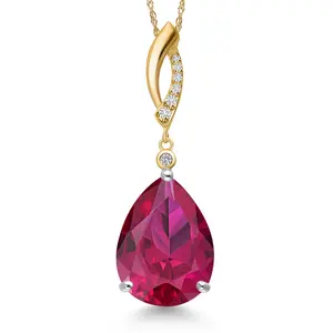 925 Silver and 10K Yellow Gold Red Created Ruby and Lab Grown Diamond Pendant for Women | 9.70 Cttw | Gemstone July Birthstone | Pear Shape 16X12MM