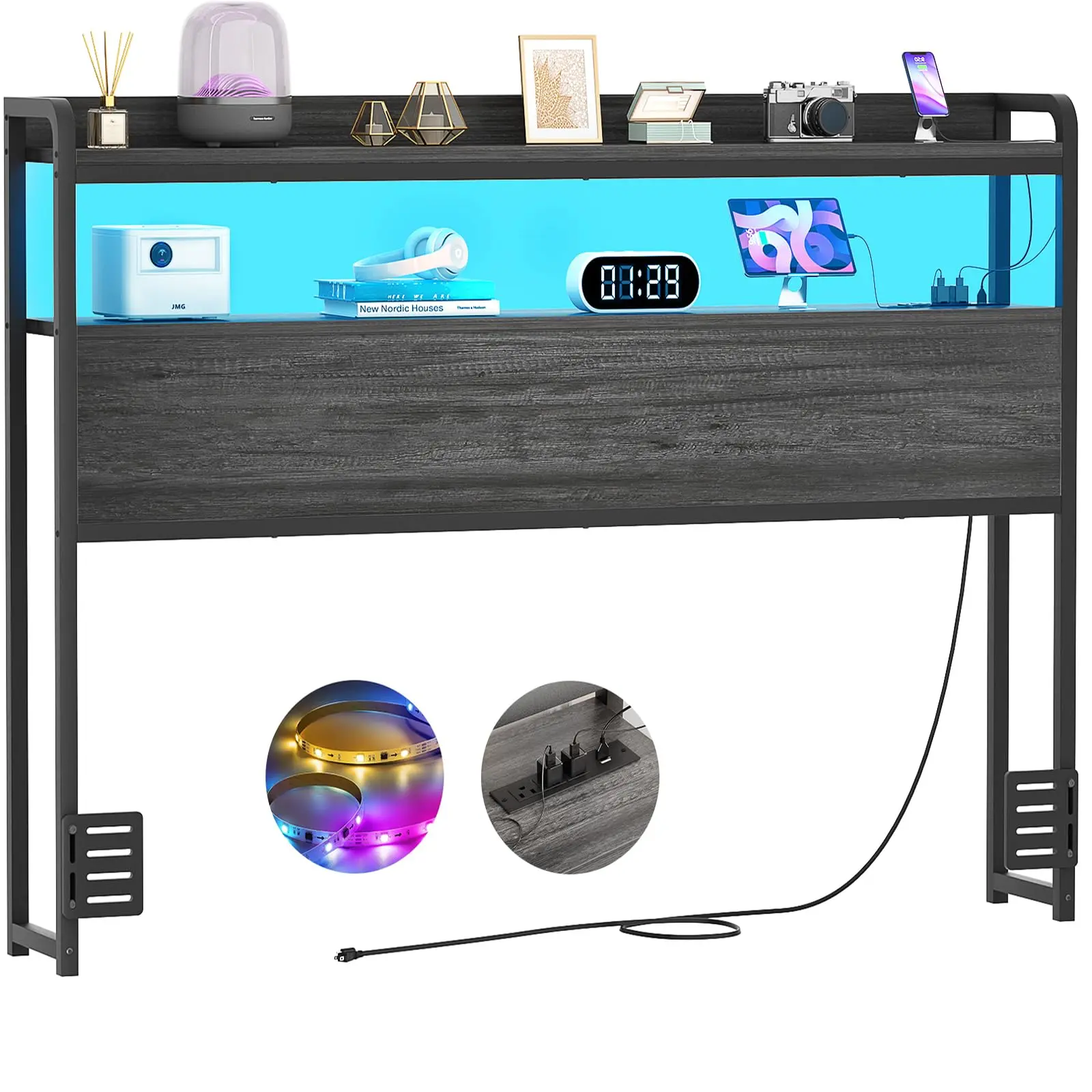 Wood Headboard for Full/Queen/King Size Bed Frame, LED Lit Headboard with Built-in Strip Lighting, Outlets, USB Ports, Height-Adjustable Design and Storage Compartment, Headboard For Bed