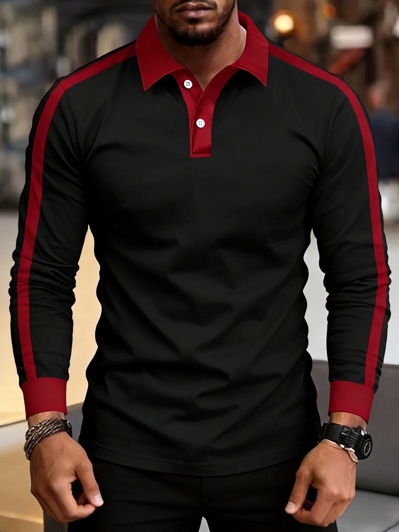 2026 Men's slim-fit long-sleeve polo shirt, made from soft and comfortable fabric, featuring a red and black contrast double-button collar, color-blocked cuffs, and side stripe accents, perfect for everyday wear and casual styling.