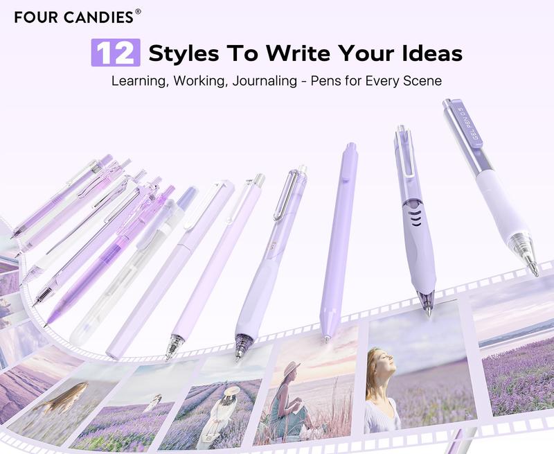 Four Candies 12PCS Pastel Gel Ink Pen Set with Case, Cute Retractable 0.5mm Fine Point 11PCS Black Ink Pens with 1PCS Highlighter, Aesthetic Pens for School, Student Note Taking, Writing, Office Stationery & Supplies, HolidayHaul