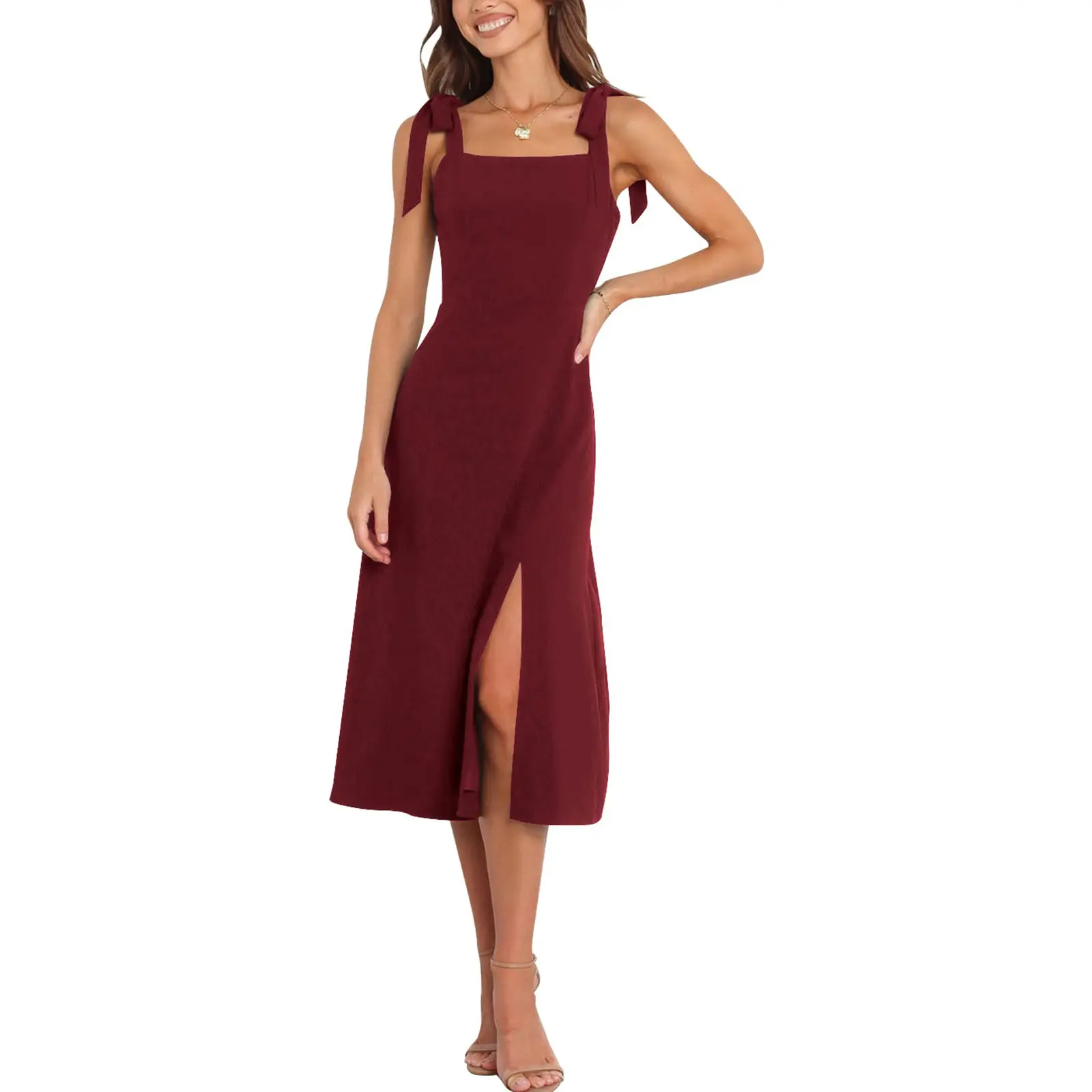 Wenrine Women's Elegant Square Neck Bridesmaid Dresses Split Mid Formal Dress Cocktail Party Dress for Wedding