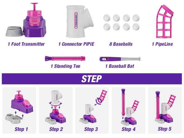 T-ball Set for Toddlers 3-5 Tee Ball Set with Step on Pitching Machine Adjustable Batting Tee Retractable Baseball Bat 8 Pop Up Balls Outdoor Sport Toy Games for Kids Girls