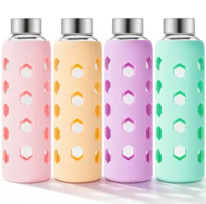 Mrsdry Glass Juice Bottles with Lids and Silicone Sleeves 18 oz, 4-Pack Reusable Clear Glass Water Bottles with Stainless Steel Airtight Cap for Juicing, Refrigerator, BPA Free Leak-Proof Drinking Jar