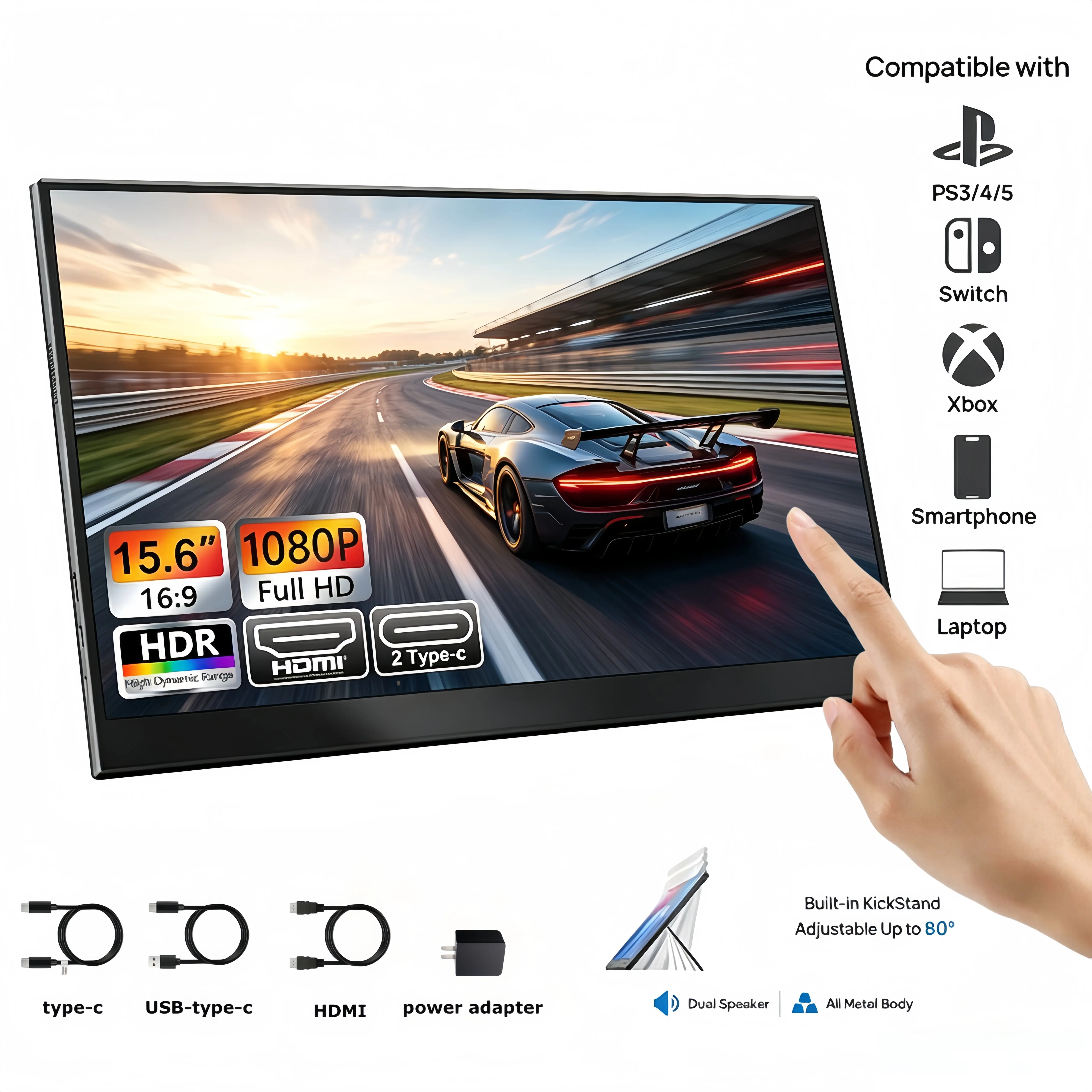 15.6" Portable Touchscreen Gaming Monitor - 144Hz/60Hz, 1080P FHD, 100% sRGB, Built-in Kickstand, External Second Screen for PS5, Xbox, Laptop, PC