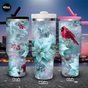 1 pc 40 oz Winter Wonderland poinsettia tumbler with lid and straw, insulated travel mug, gift for women and men, ideal for Valentine’s Day, Easter, birthday gifts, iced/hot coffee cup