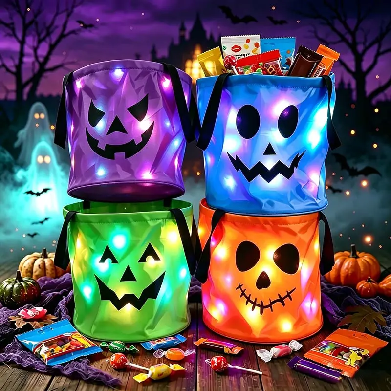 3/4 Pcs Halloween Candy Bucket with LED Lights Non Woven Gift Bags Trick or Treat Bags Pumpkin Candy Bags Reusable Tote Bags for Students Adults,  Lightweight Spooky Storage Totes, Versatile Supplies for Halloween, Birthday & Holiday Celebration