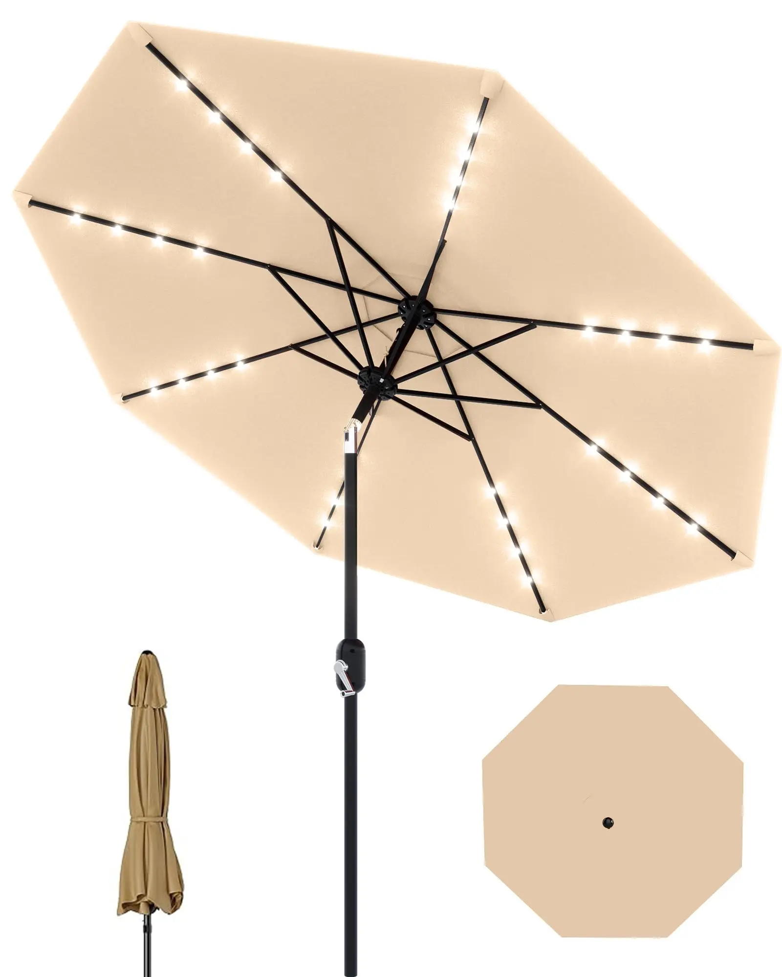 GARVEE Solar LED Patio Table Umbrella, 9 FT Outdoor Market Umbrella with Tilt Crank for Garden, Pool, Deck, Backyard, 32 Lights- Tan