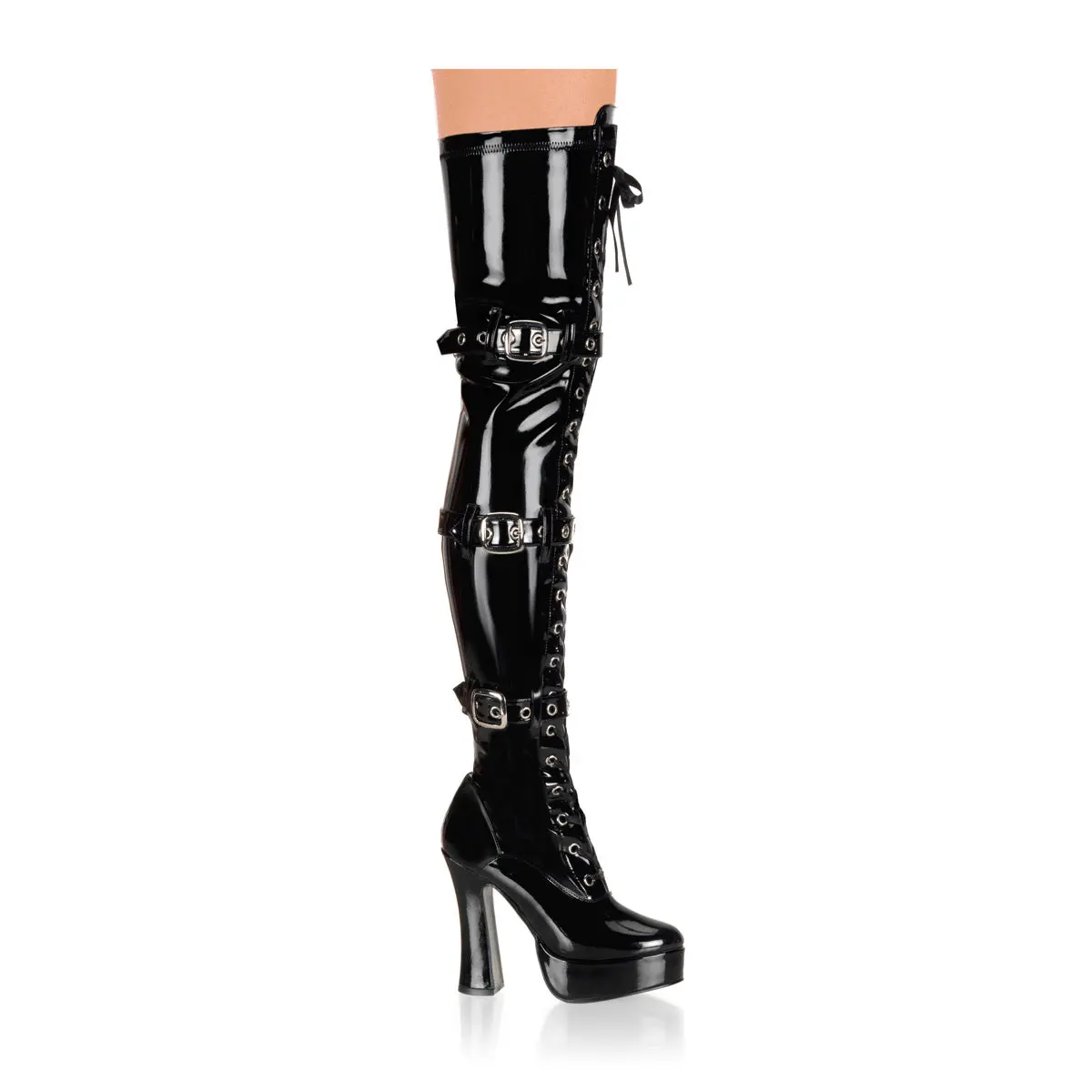 Women's Classic Stretch Thigh High Boots - Shoe, Footwear, Statement Shoes - 5-in Stiletto Heel, 1 1/2-inch Platform Sole, Lace-Up Front, Triple Buckles, Inside Zip