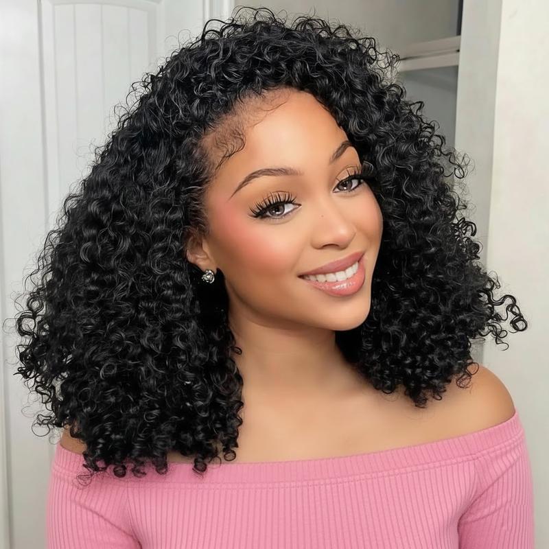 [3 IN 1 HALF WIG] Kinky Curly Glueless 250% Density Half Wig Human Hair Ready Go Glueless Wigs Human Hair Curly 3 In 1 Half Wigs for Women Drawstring Seamless Flip Headband Wig Beginner Friendly