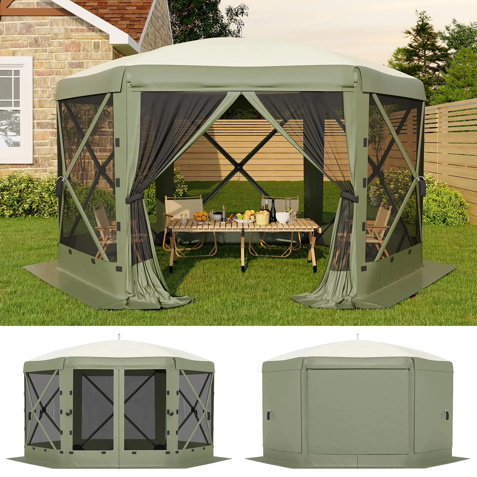 11.5x11.5 ft 6-Sided Portable Metal Frame Screen Tent, Quick-Set Outdoor Bug-Proof Mesh Shelter with Removable Canopy Top, Weather Resistant Sun Protection for Garden, Camping