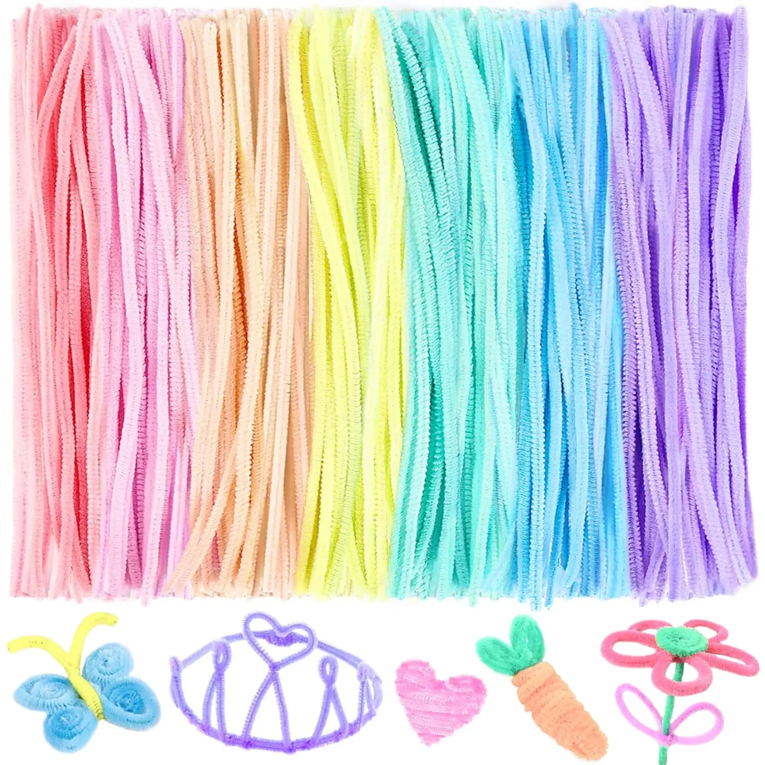 [Summervibes] A Set of 300 Pcs Thick Pipe Cleaners Craft Supplies,7 Assortment Pastel Macaron Color Chenille Stems for Art and Craft Projects Creative DIY Decorations,Hand Tools Kits