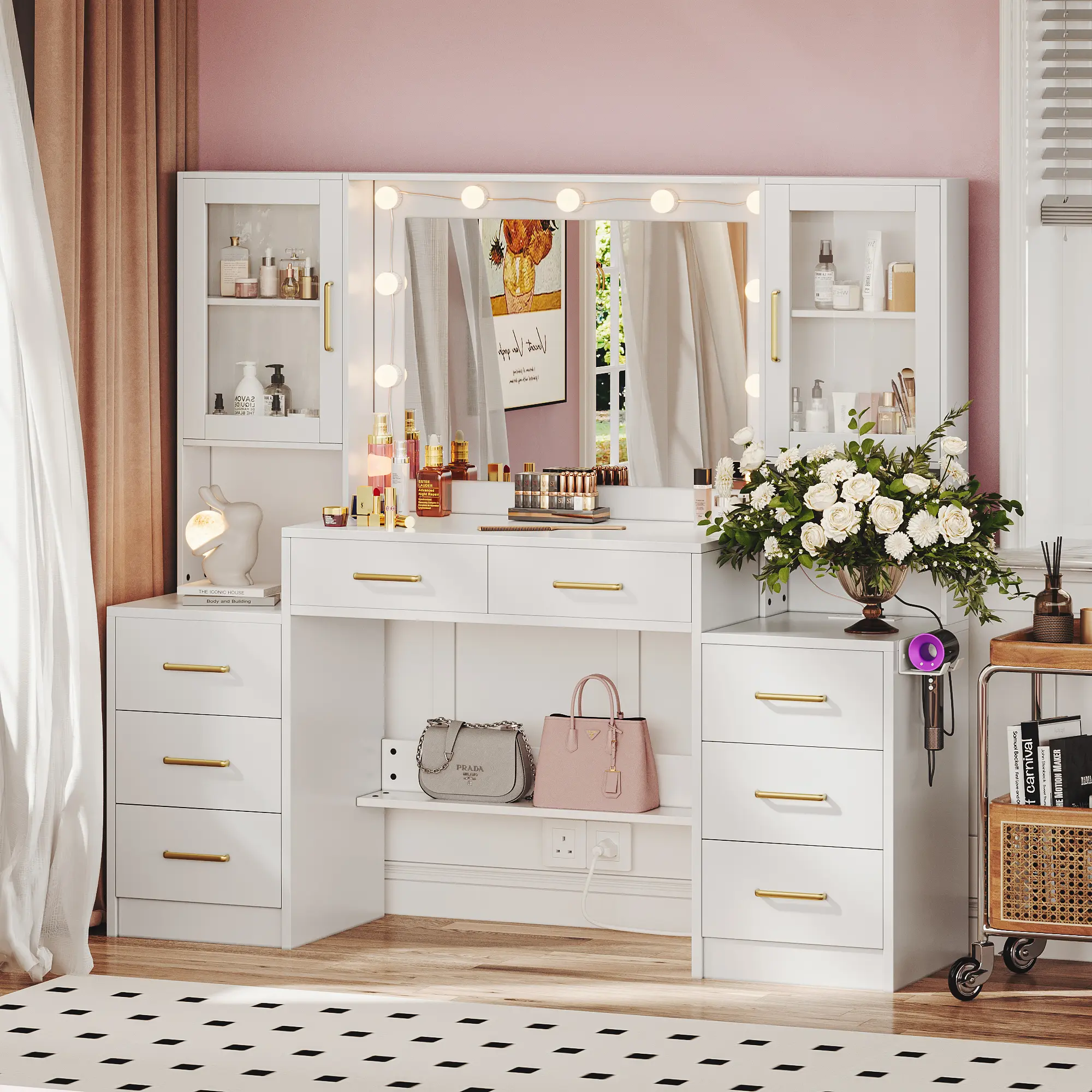 58.3”Vanity Desk with Mirror and Replaceable Lights & Charging Station,Bedroom Dressing Table,Large Vanity Set,8 Drawers and 2 Cabinets,Makeup Vanity Table with Charging Station,White/Black/Pink,Without Stool,dorm essentials,home decor