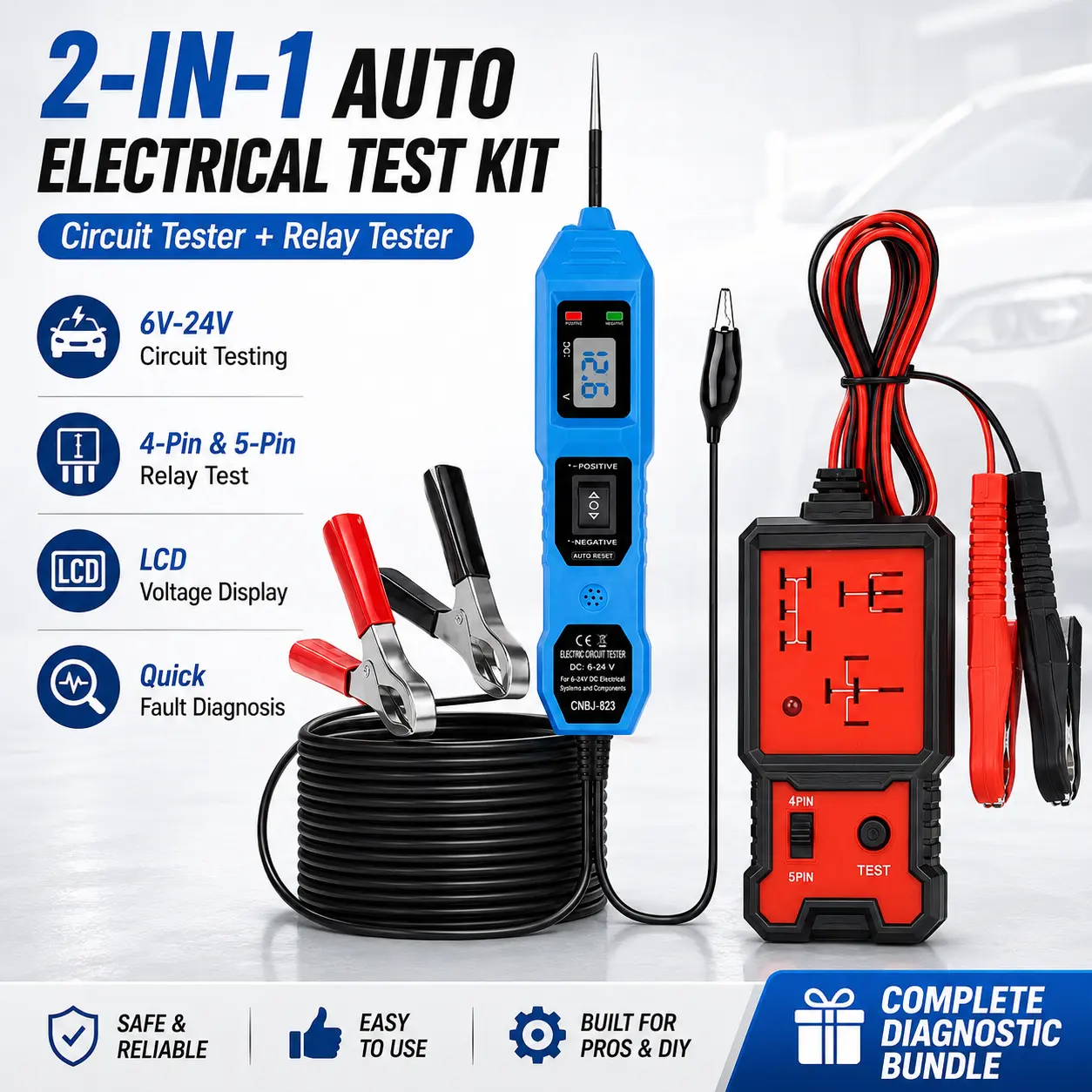 Automotive Circuit Tester and Relay Tester Combo, 6V–24V Power Probe with Voltage Display, Polarity Check, and Battery Clips