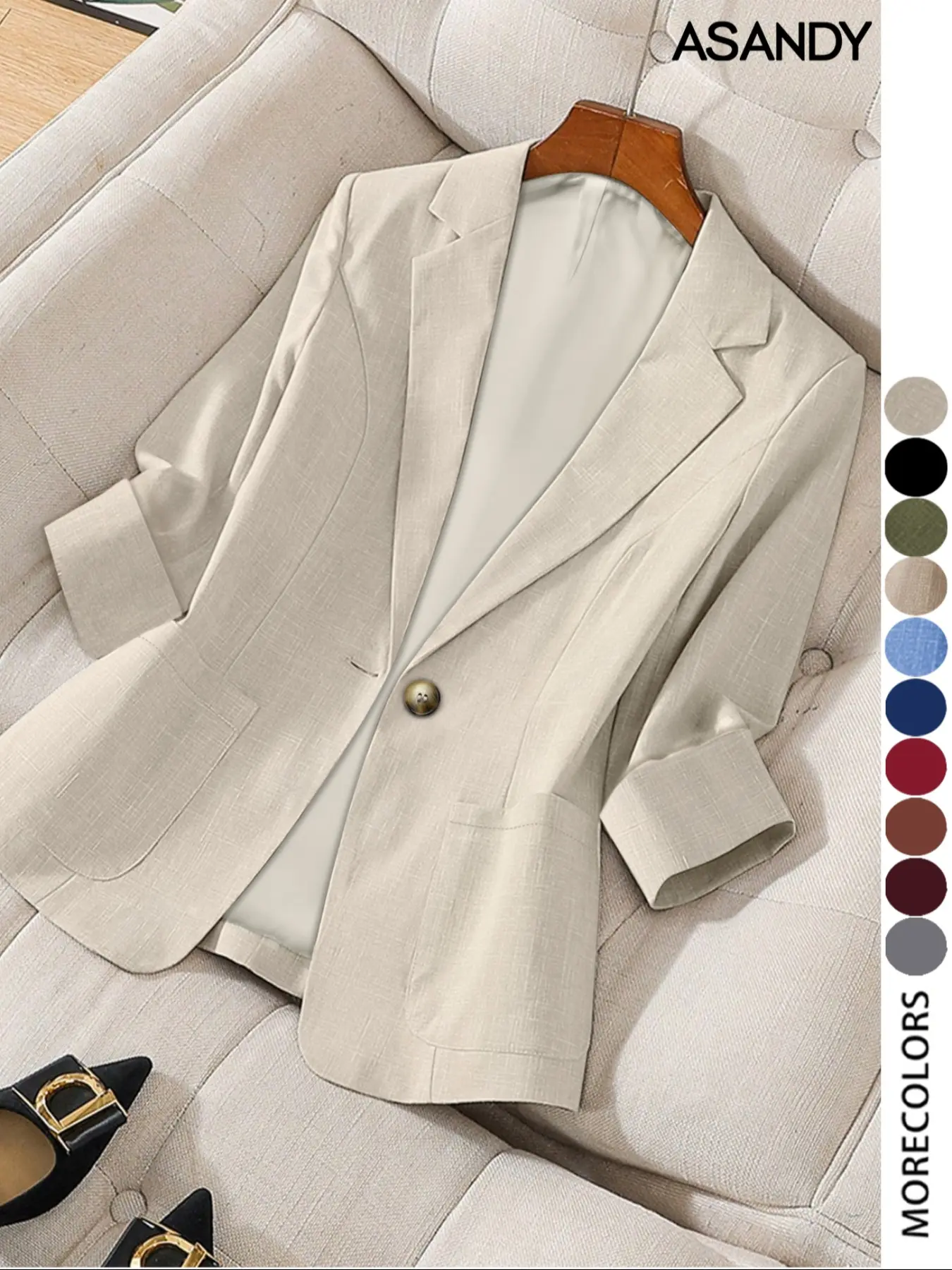 Women's Solid Color Button Front Blazer Coat Jacket, Casual Style Long Sleeve Outerwear for Work Office Business, Ladies Spring & Fall Woven Clothes, Fitted Womenswear