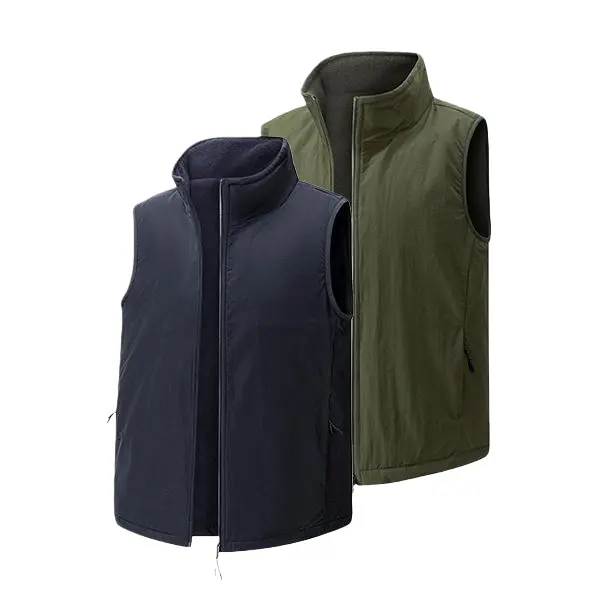 Men's Reversible Waistcoat 2-Pack, Casual Front-Zip Design with Wool Lining, All-Season Warm Polyester Menswear, Regular Fit, Frontzip Waistcoats & Gilets