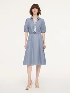 Acetate Tencel Linen Blend Women Midi Dress With Silk Scarf And Belt