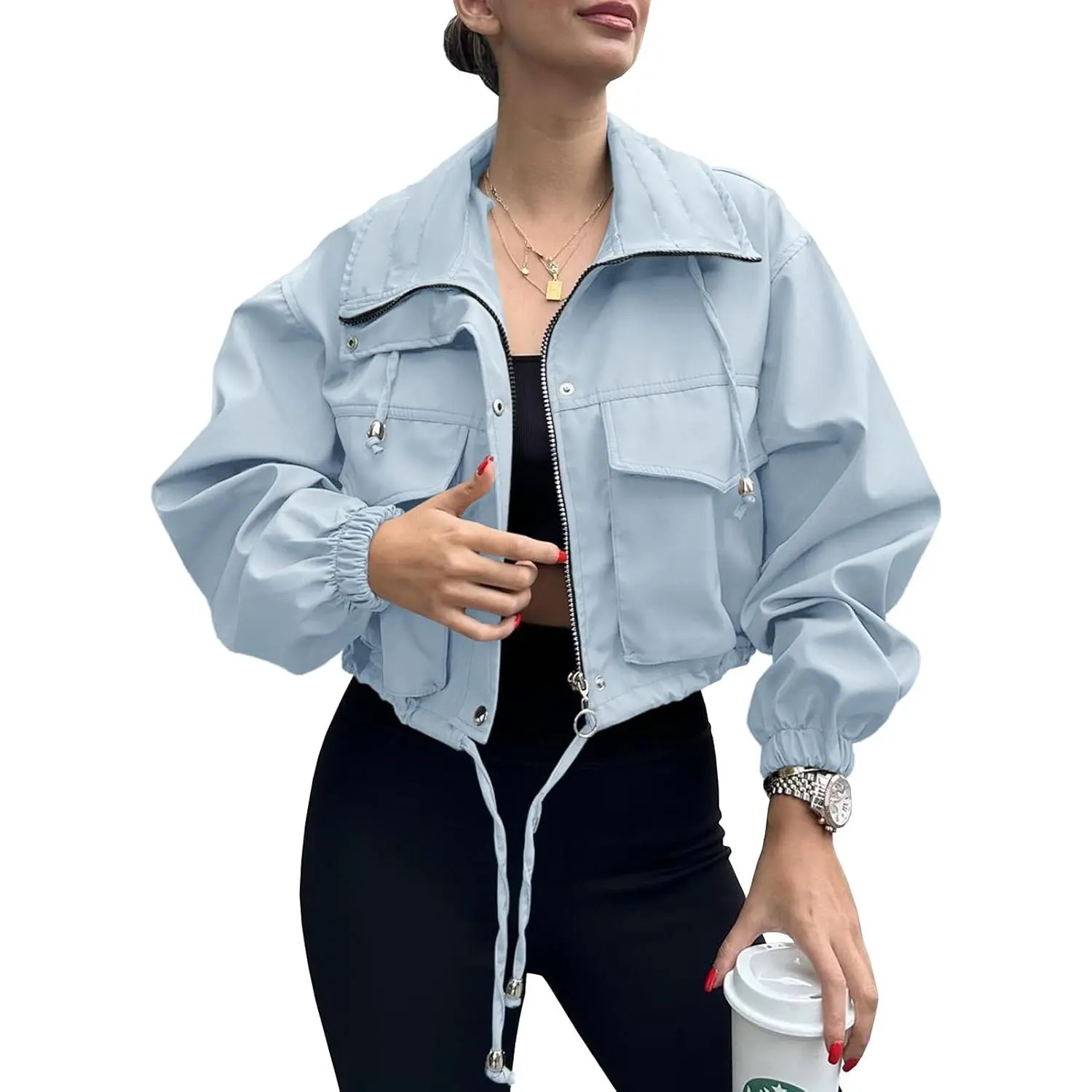 Womens Cropped Jacket Zip Up Lightweight Oversized Utility Anorak Coat with Pockets LAICIGO