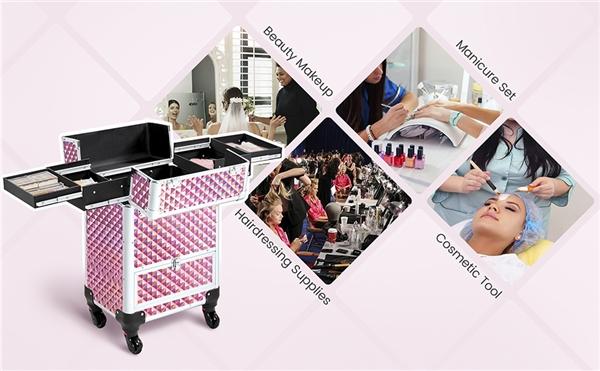 Yaheetech Rolling Makeup Case Aluminum Cosmetic Case Professional Makeup Train Case Large Capacity with 4 Trays & Drawer