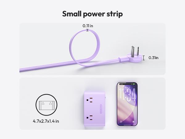 NTONPOWER Desk Power Strip with USB C, Purple Flat Plug 8-in-1 (4 AC + 4 USB), 25W Charging, 5ft Flat Extension Cord, Aesthetic Desk Setup, Study Desk & Dorm Room Essentials for Students