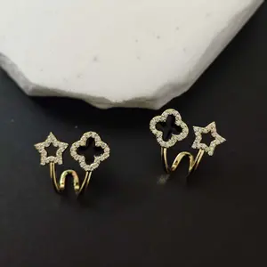 Comfortable Black Four-Leaf Clover Design Zircon Star Stud Earrings – Fashion Ear Jewelry