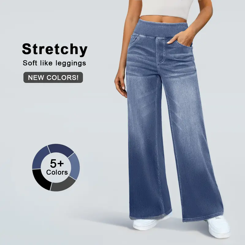FireSwan Women's Wide Leg Jeans High Waisted Stretchy Denim Pants Elastic Waist Pull On Sweatpant Jeans Trendy Baggy Loose All Seasons Minimalist Basic Trouser Pocket Streetwear Womenswear Bottoms Basic