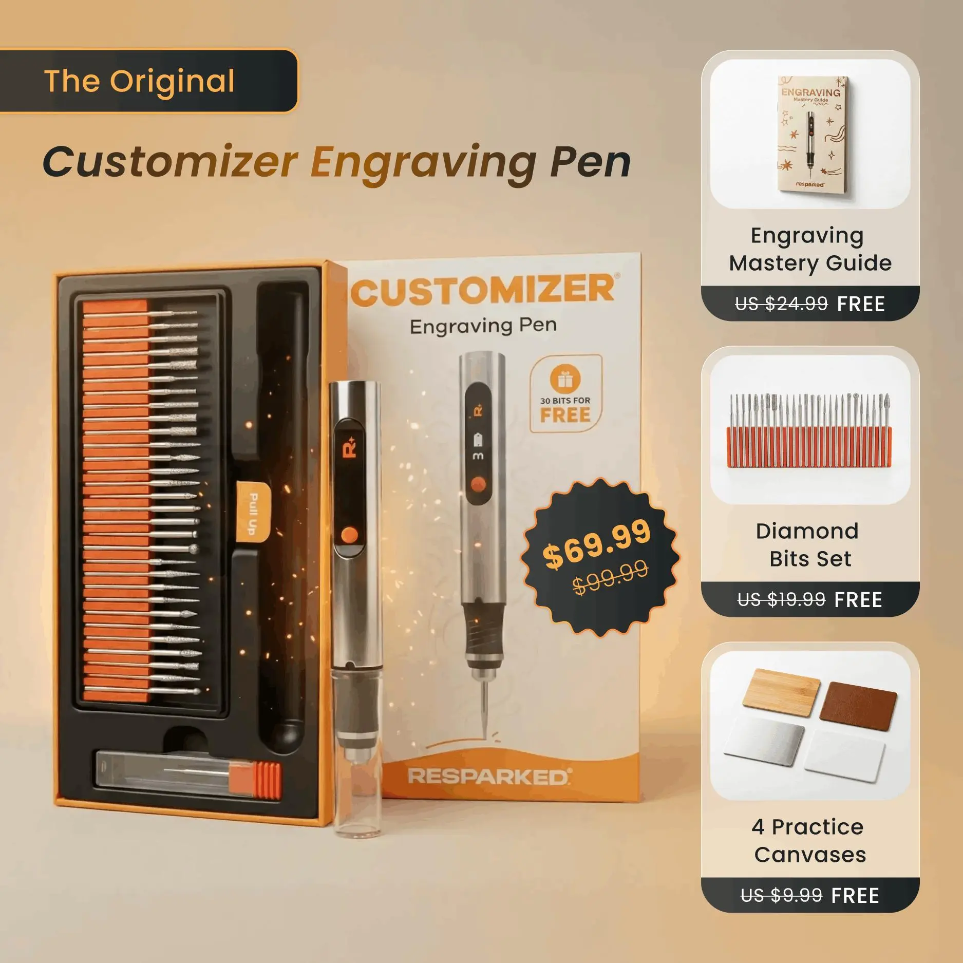 Resparked Customizer Engraving Pen - 30 Free Diamond Bits, USB-C Fast Charger, 3 Speed Settings (8000-21000 RPM), 30 g/cm Torque, Carbide Burr, Lithium Ion - Easy-to-Use DIY Tool for Jewelry Making, General DIY Crafting, Woodworking, Engraving Tool, Diy E