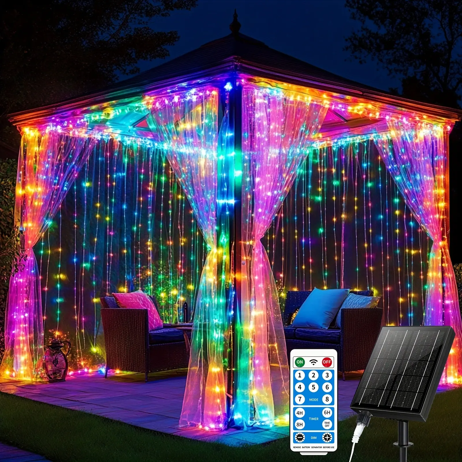 Solar Curtain Lights, 300 LED 9.8×9.8FT RGB Color Changing Curtain String Lights, 16 Colors & 8 Modes with Remote Control, IP65 Waterproof Outdoor Lights for Patio, Gazebo, Wedding & Holiday Decor