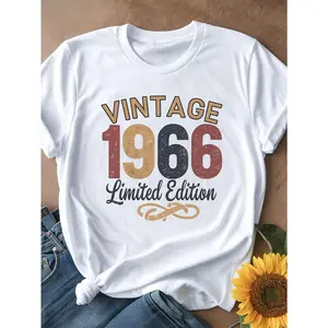 1pc Vintage 1966 Limited Edition Casual Cotton T-Shirt, Round Neck, Short Sleeve, Letter Print, Knitted Fabric, Regular Length - All Seasons Women'S Tee