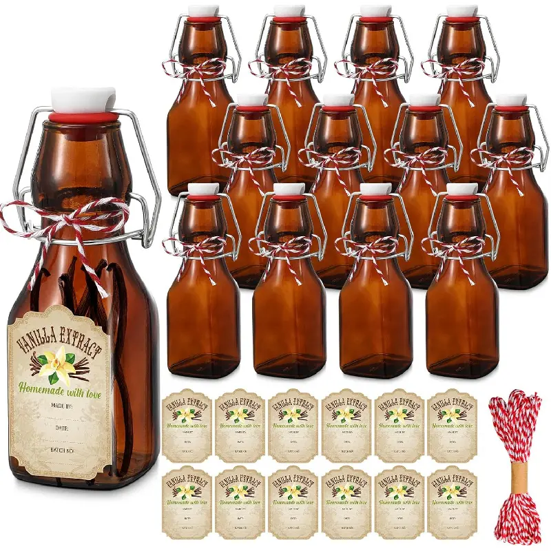 ZY 12-Pack 4oz Amber Swing-Top Square Glass Bottles with Brown Caps, Cotton Twines & Labels, Kitchen Gift for Vanilla Extract Brewing, Oil Storage, Household, Pa, Leakproof
