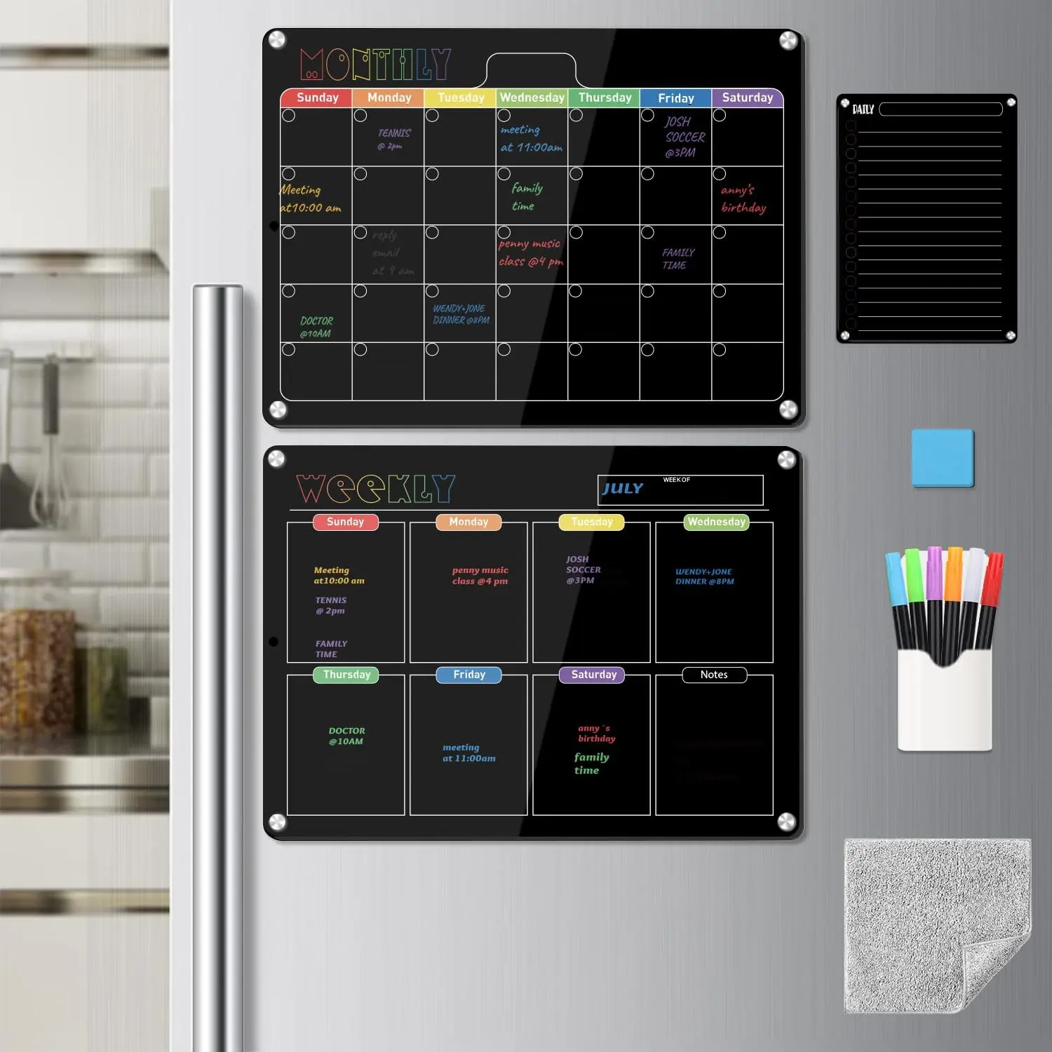 Hivillexun Reusable Magnetic Dry Erase Planner Set - 16.5x11.8" Fridge-Fit Acrylic Board for Family, Monthly Calendar, Weekly Organizer, Daily Notepad, Strong Magnets, Easy Write & Erase, Scratch-Resistant Surface, Stylish Modern Look, Versatile Organizer