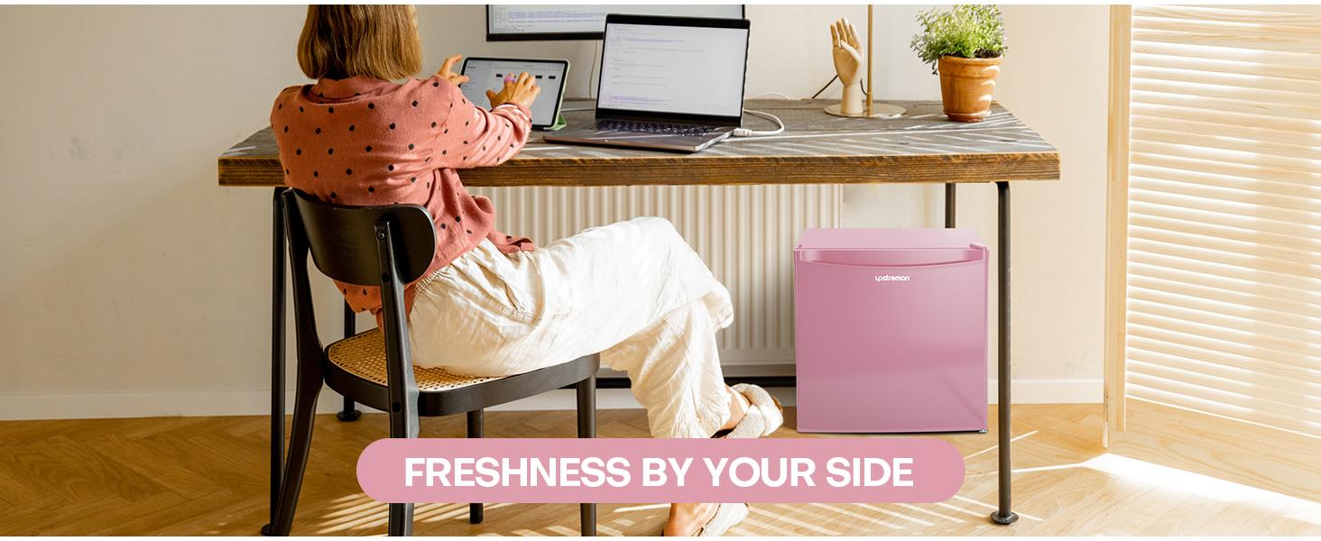 Upstreman mini fridges 1.7 Cu.ft with Freezer Pink FR17 Adjustable Thermostat Energy Saving Low Noise Single Door Compact Refrigerator for Dorm Office Can Bedroom